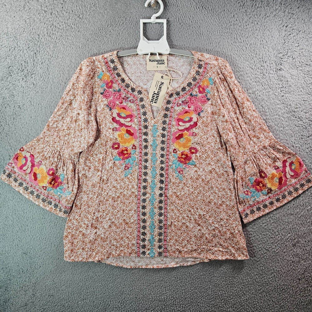 NEW Savanna Jane Top Blouse Women Small Embroidered Bell Sleeve Multicolor Boho